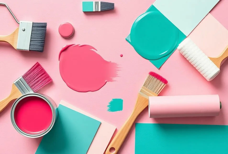 Pots de peinture, nuancier, brosses et rouleaux disposés à plat