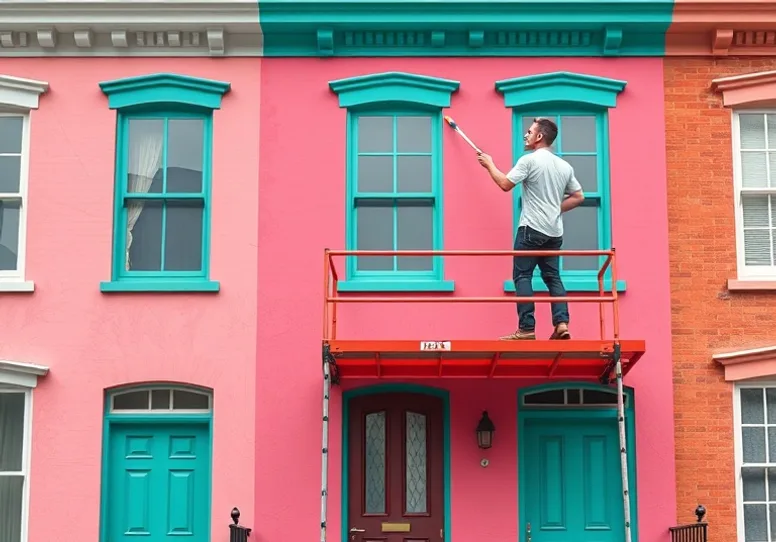 Peintre sur échafaudage traitant la façade d'une maison